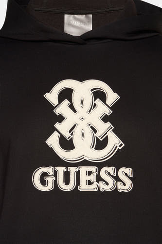 Gilet noir avec capuche de Guess, avec logo et nom de marque sur l'avant.