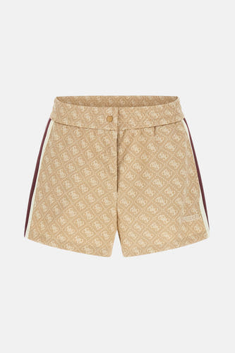 Short marron Guess avec imprimé logo et bandes décoratives sur les côtés.