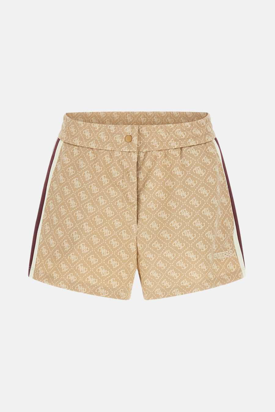 Short marron Guess avec imprimé logo et bandes décoratives sur les côtés.