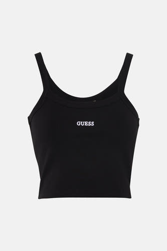 Haut noir à fines bretelles de Guess, avec une texture côtelée et un logo blanc imprimé.