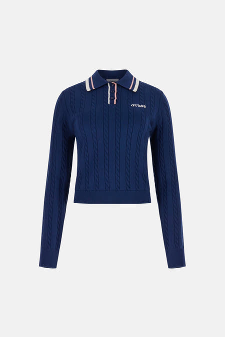 Pull bleu Guess® à manches longues et motif torsadé, dos.