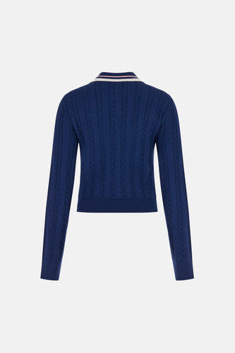 Blauwe trui van Guess® met lange mouwen en kabelpatroon, rugzijde.