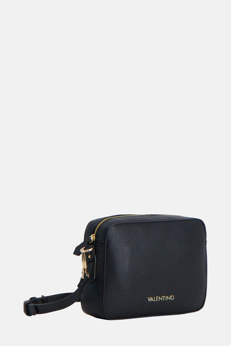 Sac à dos noir de VALENTINO BAGS avec fermeture éclair dorée et nom de marque en lettres dorées.
