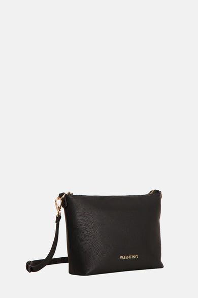 Sac à dos noir de VALENTINO BAGS, avec une fine structure granulée et un logo doré.