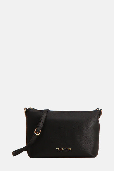 Sac bandoulière noir de VALENTINO BAGS, avec une texture granuleuse et des accents dorés sur la bandoulière.