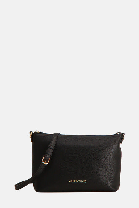 Sac bandoulière noir de VALENTINO BAGS, avec une texture granuleuse et des accents dorés sur la bandoulière.
