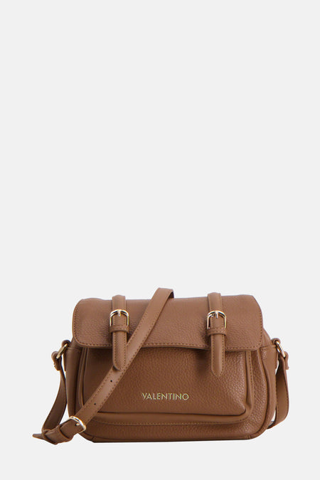 Sac à épaules brun de VALENTINO BAGS avec une texture granuleuse et des fermoirs dorés.