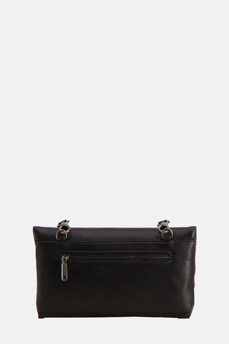 Sac à dos noir de VALENTINO BAGS avec des anses en chaîne argentée et fermeture éclair.
