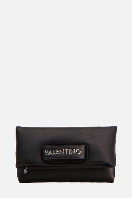 Sac à dos noir de VALENTINO BAGS avec nom de marque argenté sur la fermeture éclair.