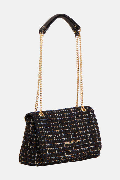 Sac à dos noir de VALENTINO BAGS en tweed, avec fermoir en chaîne d'or et poignée en cuir.