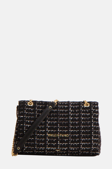 Sac à dos noir de VALENTINO BAGS, avec motif tweed, chaîne dorée et détails en cuir noir.