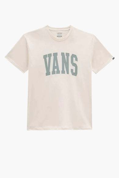 T-shirt beige à manches courtes de VANS avec logo arqué gris-vert sur la poitrine, col rond et design minimaliste