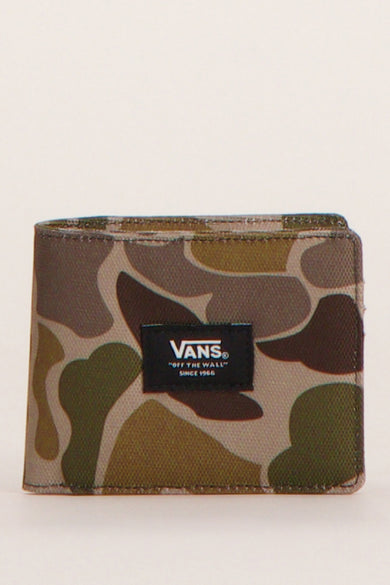Portefeuille vert VANS "OFF THE WALL", avec un motif de camouflage en vert, brun et gris.