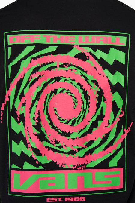 T-shirt noir VANS "OFF THE WALL" avec une impression graphique rose et verte frappante.