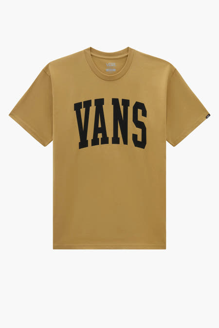 T-shirt beige Vans avec imprimé "VANS" noir sur l'avant, manches courtes.