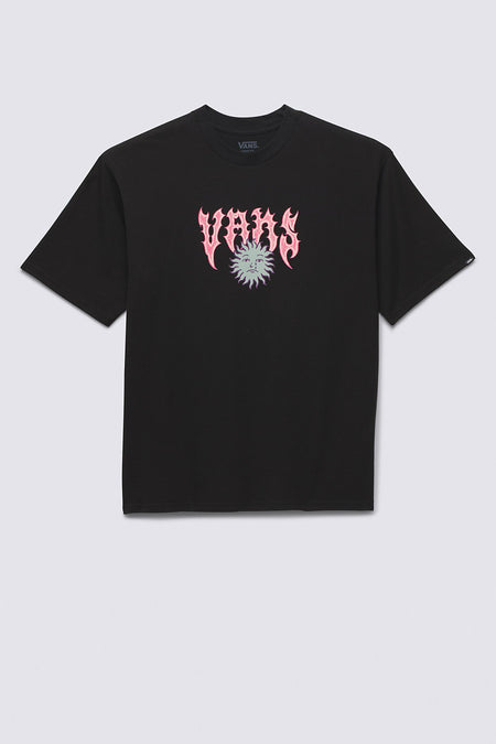 T-shirt noir VANS avec imprimé flammes 'VANS' roses et un soleil qui pleure, coupe ample.