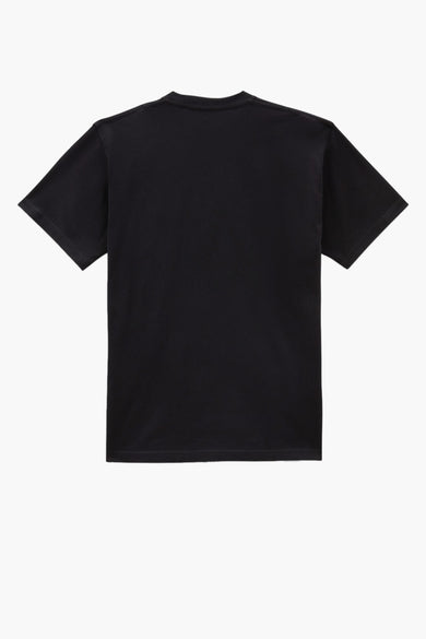 T-shirt à manches courtes noir VANS "OFF THE WALL" avec grand imprimé graphique blanc représentant une fleur, une araignée, du texte et un motif à damier.