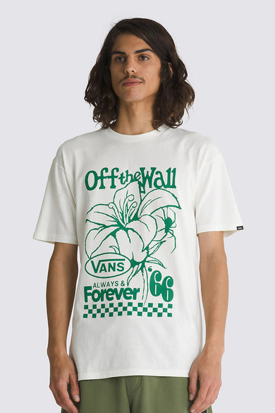 T-shirt écru VANS "OFF THE WALL" avec imprimé de fleurs vertes et détails contrastés.