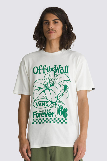 T-shirt écru VANS "OFF THE WALL" avec imprimé de fleurs vertes et détails contrastés.