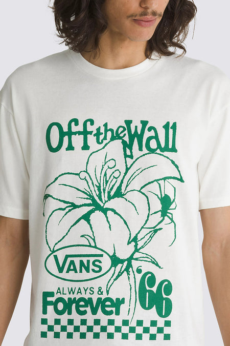 Ecru T-shirt van VANS “OFF THE WALL” met groene bloemenprint en geruite details.
