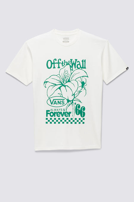 T-shirt écru VANS "OFF THE WALL" avec une impression de fleurs vertes et un détail rayé.