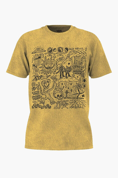 T-shirt beige à manches courtes de VANS "OFF THE WALL", avec une impression noire et doodle sur la devant.