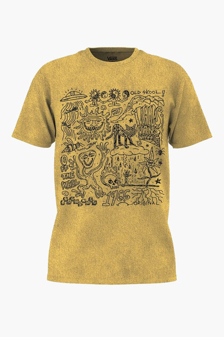 T-shirt beige à manches courtes de VANS "OFF THE WALL", avec une impression noire et doodle sur la devant.