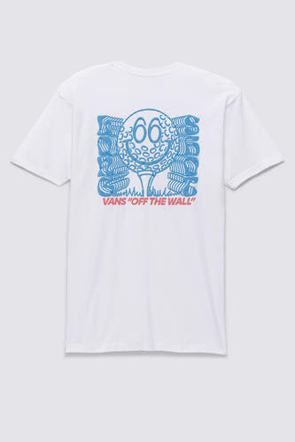 T-shirt blanc à manches courtes de VANS "OFF THE WALL", avec un imprimé de golf bleu et rouge sur le dos.