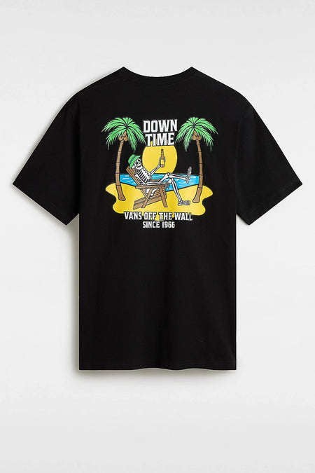 T-shirt noir à manches courtes de VANS "OFF THE WALL", avec une impression d'un squelette sous des palmiers.