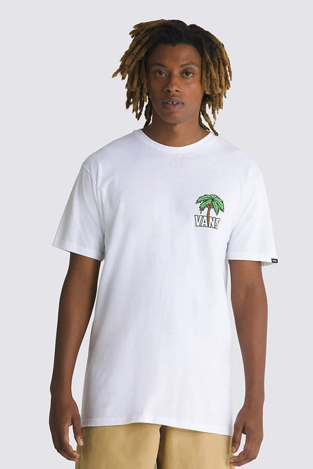 Wit T-shirt met korte mouwen van Vans, met palmboomlogo op de borst.
