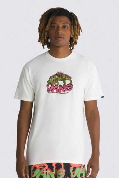 T-shirt écru à manches courtes VANS "OFF THE WALL" avec un imprimé graphique d'un lézard avec des flammes et un lettrage VANS rose.