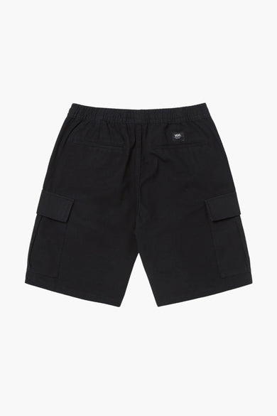 Short noir de VANS "OFF THE WALL" avec une ceinture élastique et des poches latérales, vue arrière.