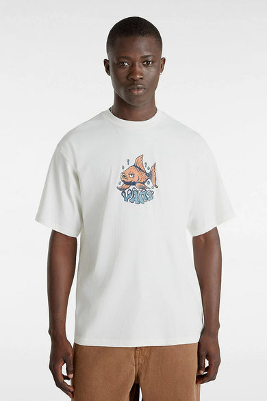 T-shirt écru à manches courtes de VANS avec imprimé coloré de poissons et logo, vue de face, coupe décontractée