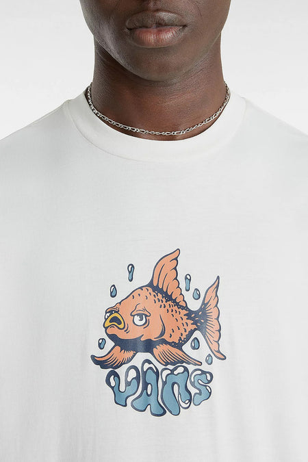 T-shirt à manches courtes écru de VANS avec imprimé de poissons colorés et logo, gros plan sur le devant