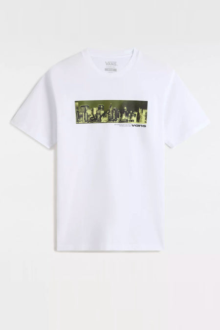 T-shirt blanc à manches courtes de VANS "OFF THE WALL", avec une impression de skyline sur la poitrine.