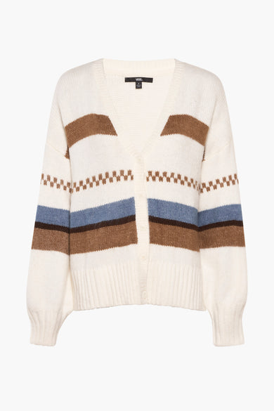 Gilet écru VANS "OFF THE WALL" avec des rayures brunes et bleues et un motif à carreaux, texture froissée.