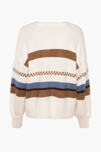 Gilet écru de VANS "OFF THE WALL", avec des rayures brunes et bleues et un motif zigzag.