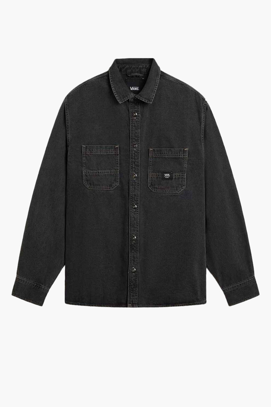Blouson en denim bleu marine VANS " de THE WALL" avec longues manches, deux poches po po et fermeture à boutons.