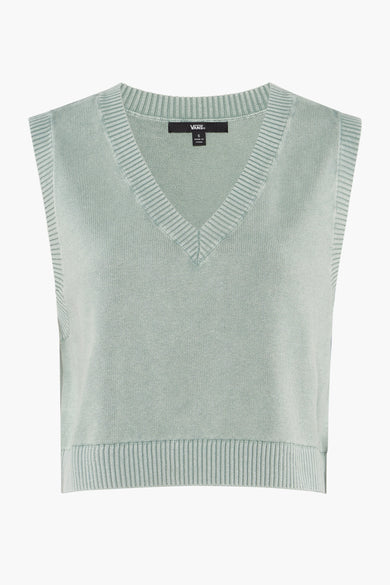 Pull vert menthe à col en V de VANS, avec bords côtelés et tricot fin, gros plan.