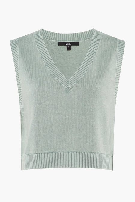 Pull vert menthe à col en V de VANS, avec bords côtelés et tricot fin, gros plan.