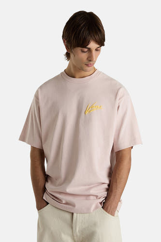 T-shirt rose à manches courtes de VANS "OFF THE WALL", avec logo jaune sur la poitrine.