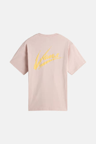 Roze T-shirt met korte mouwen van VANS "OFF THE WALL", met gele tekstprint op de achterkant.
