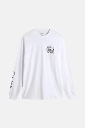 T-shirt blanc à manches longues de Vans, avec une petite impression sur la poitrine et des éléments graphiques sur le manche.