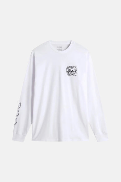 T-shirt blanc à manches longues de Vans, avec une petite impression sur la poitrine et des éléments graphiques sur le manche.