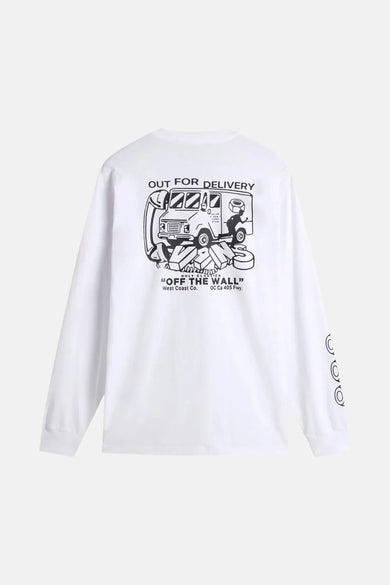T-shirt blanc VANS "OFF THE WALL" à longues manches, doté d'une impression graphique sur le dos et les manches.