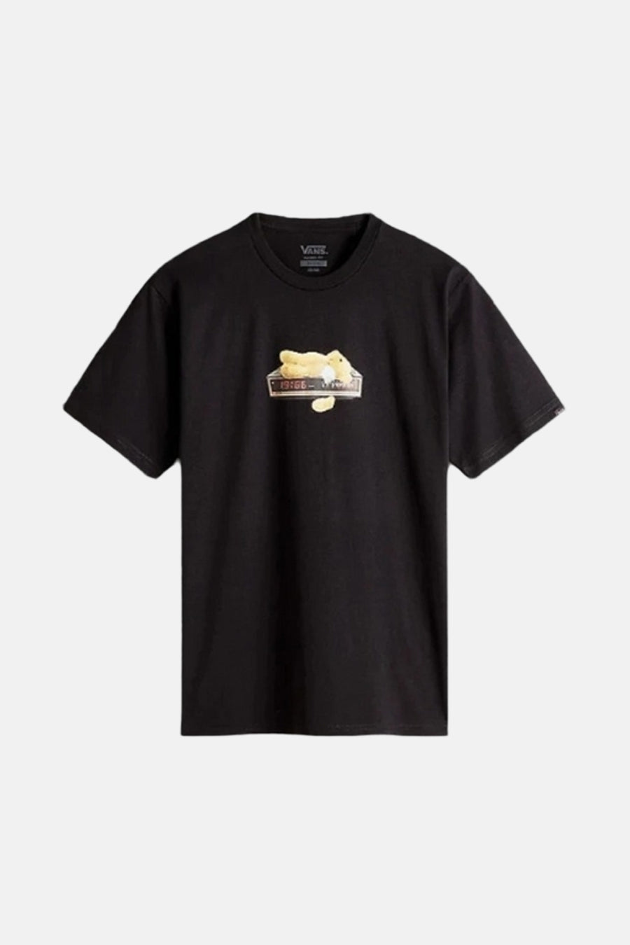 Zwart T-shirt met korte mouwen van Vans, met een print van een teddybeer op een digitale klok.
