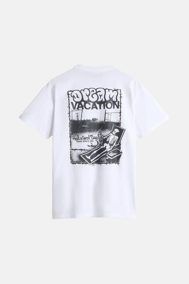 T-shirt blanc à manches courtes de VANS "OFF THE WALL" avec une impression graphique sur le dos.