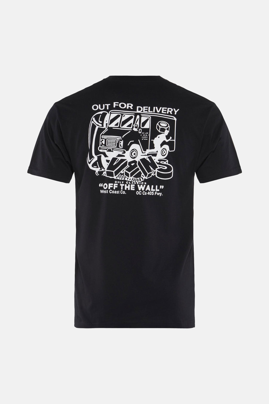 Zwart T-shirt met korte mouwen van VANS “OFF THE WALL”, met witte opdruk van een bestelwagen op de rug.
