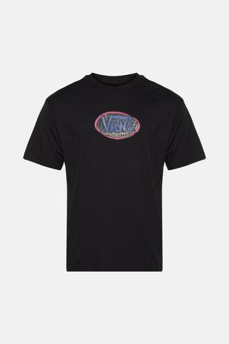 T-shirt noir à manches courtes de VANS "OFF THE WALL", avec un logo ovale imprimé en bleu et rose.