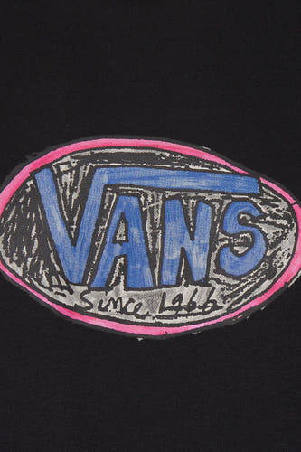 Zwart T-shirt met korte mouwen van VANS “OFF THE WALL”, met een ovale logoprint in blauw en roze.